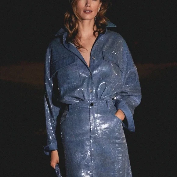 Pilcro- NWT Anthropologie Sequin Blue Button Down Long-sleeve Shirt - Picture 1 of 8